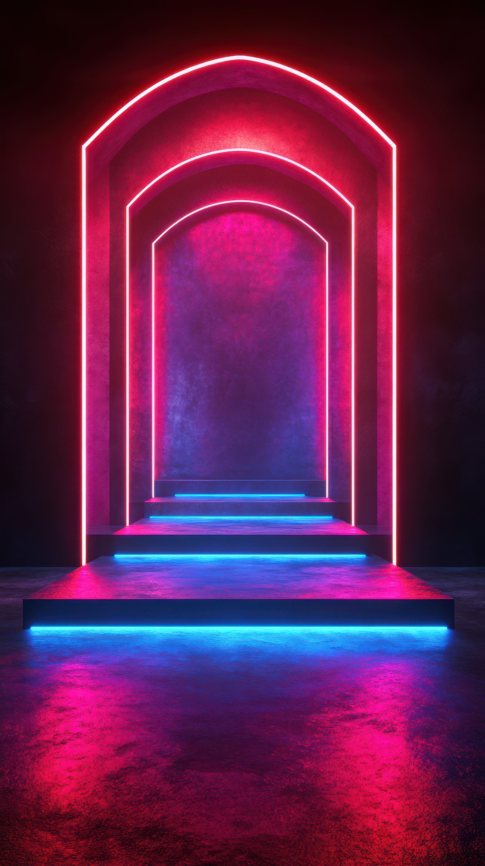 Vibrant neon-lit archways create an inviting pathway in a modern artistic space